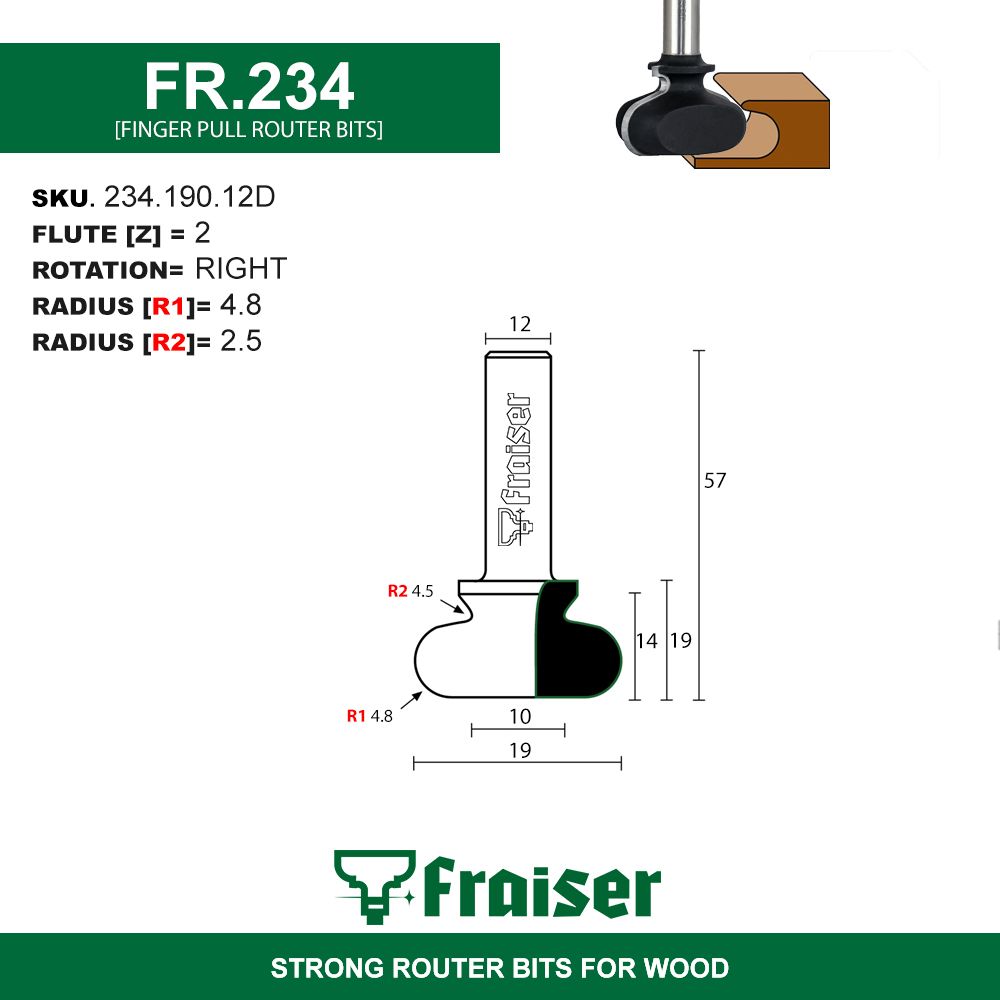 Fraise pour poignée (Z=2) queue 12mm - 19mm Fraise pour poignée (Z=2) queue 12mm - 19mm