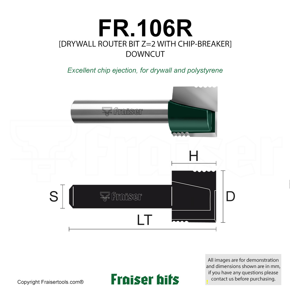 Straight router bit for drywall with chipbreaker - Fraiser