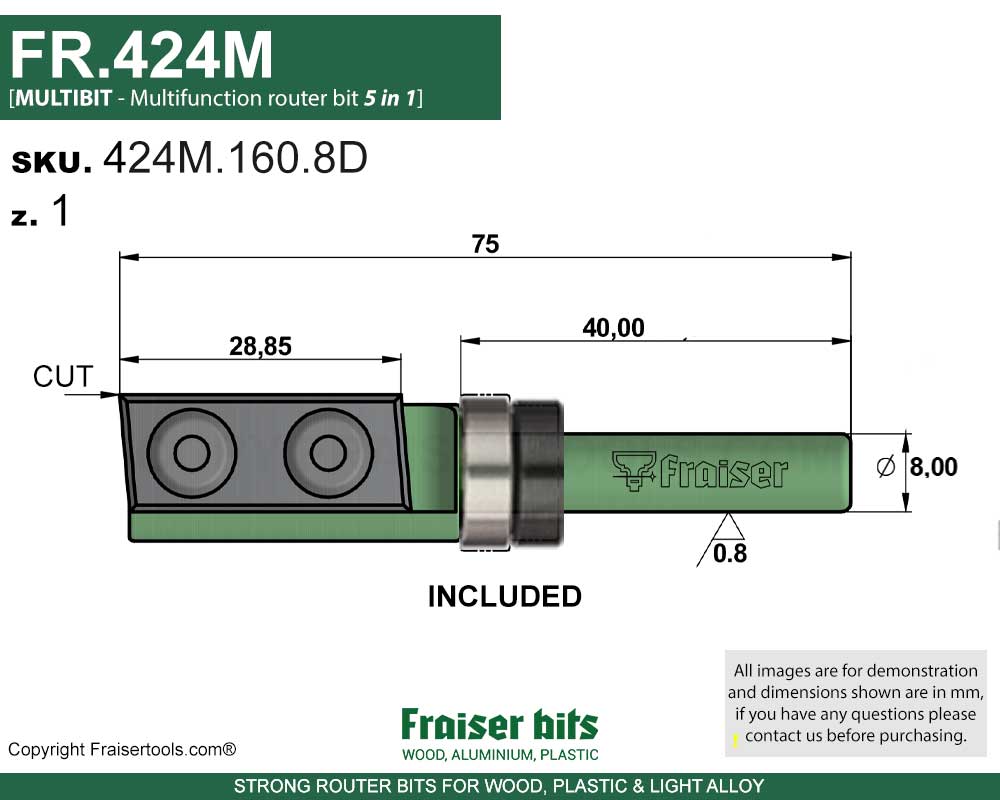 Pattern router bits with insert knives Z2+1 with bearing guide