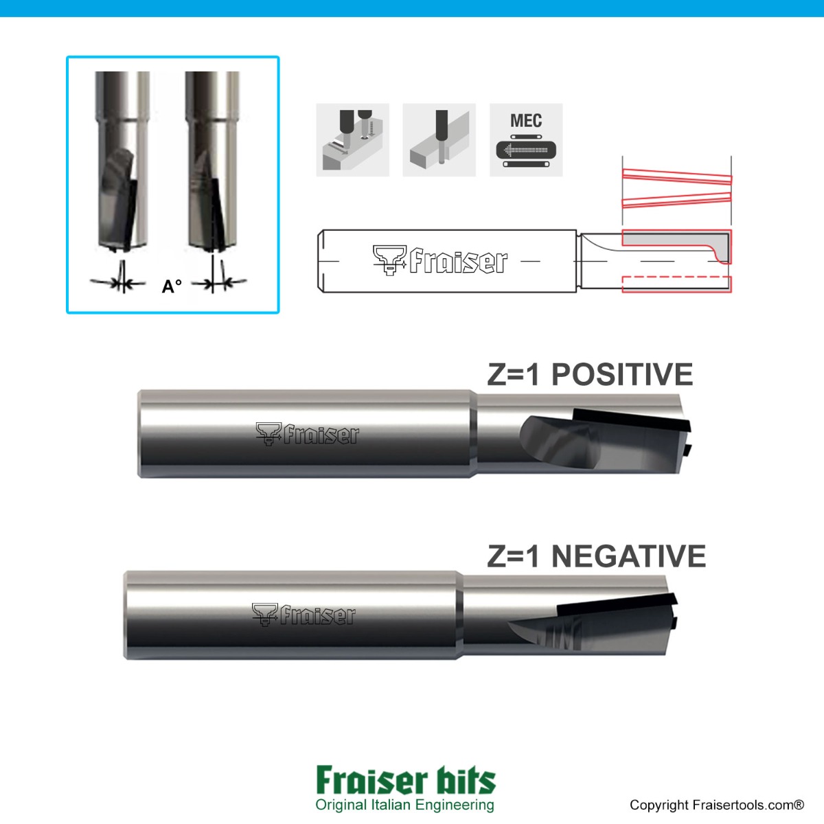 PCD Straight Bits Positive & Negative Z=1+1 - Fraiser