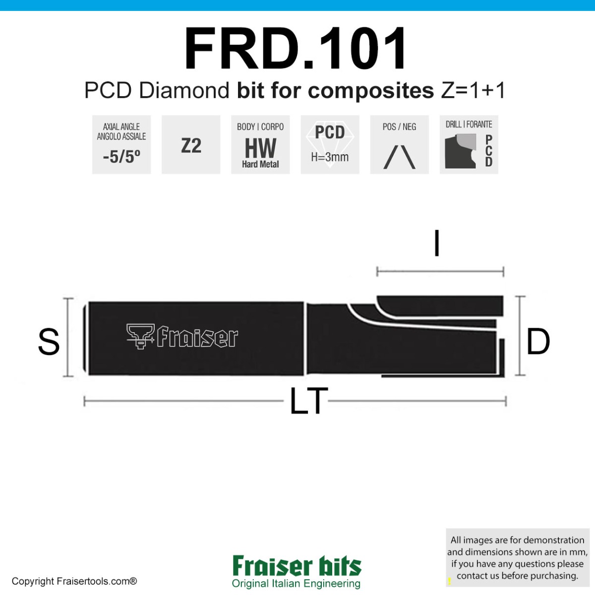 PCD Straight Bits Positive & Negative Z=1+1 - Fraiser