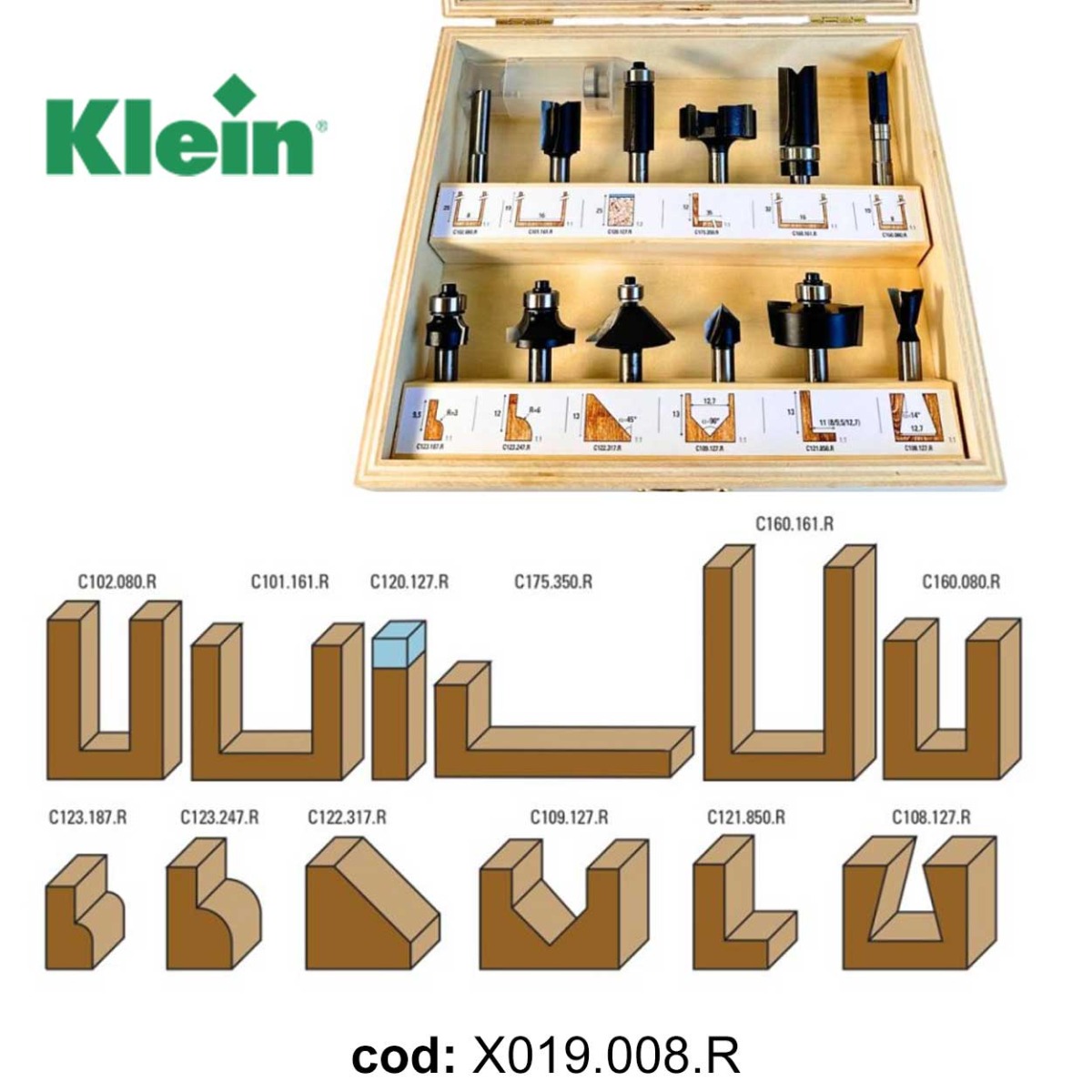 Klein X019.008.R - Set of 12 cutters with 8mm shank - Fraiser